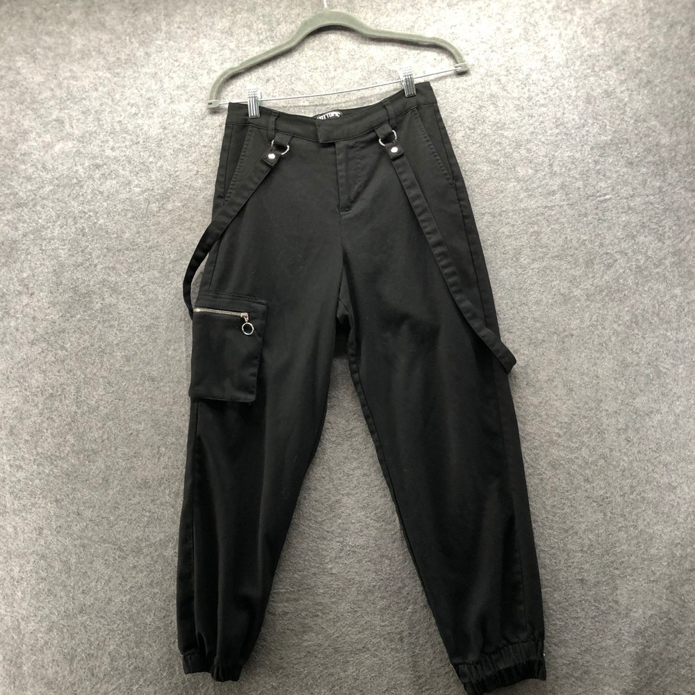 Hot Topic Black Strap Cargo Jogger Pants Womens XS Junior 1 Harness Cyber Goth - Picture 2 of 9